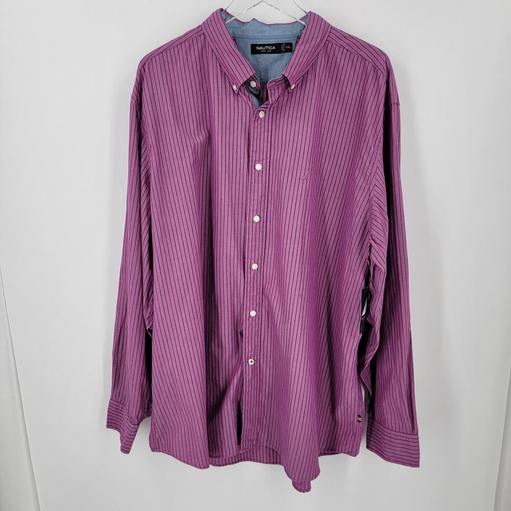 Nautica Shirt Men's XXL Button Down Long Sleeve Pink Gray Blue Striped Cotton